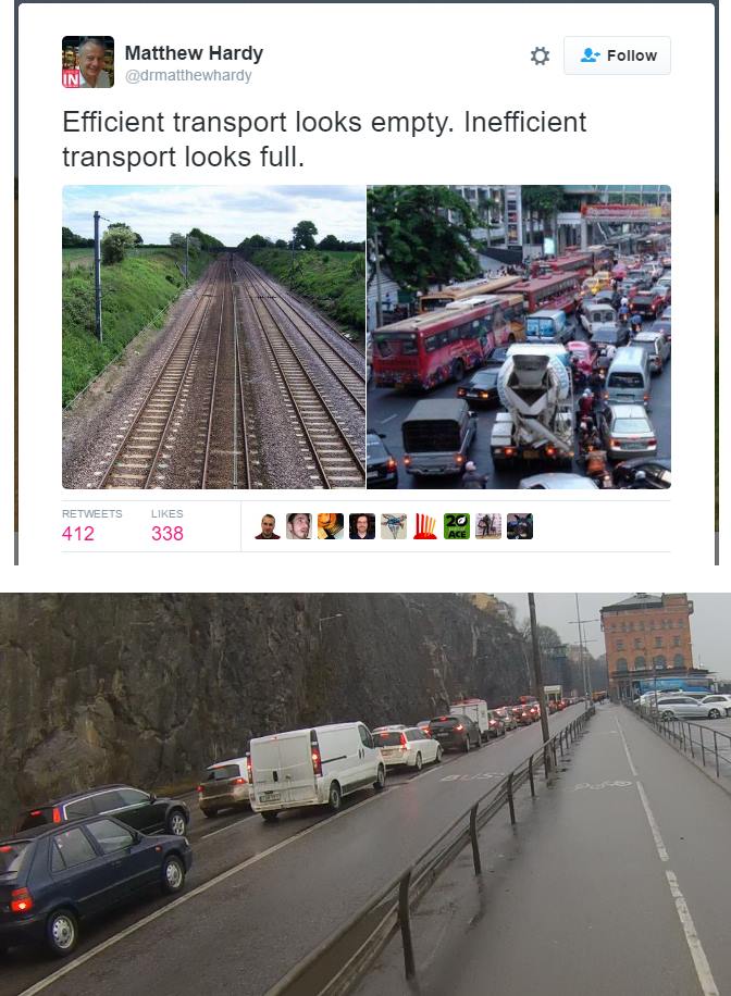 A comparison between a street full of cars, an empty train track and an
empty bike lane, saying that efficient transport looks empty, inefficient
transport looks full.